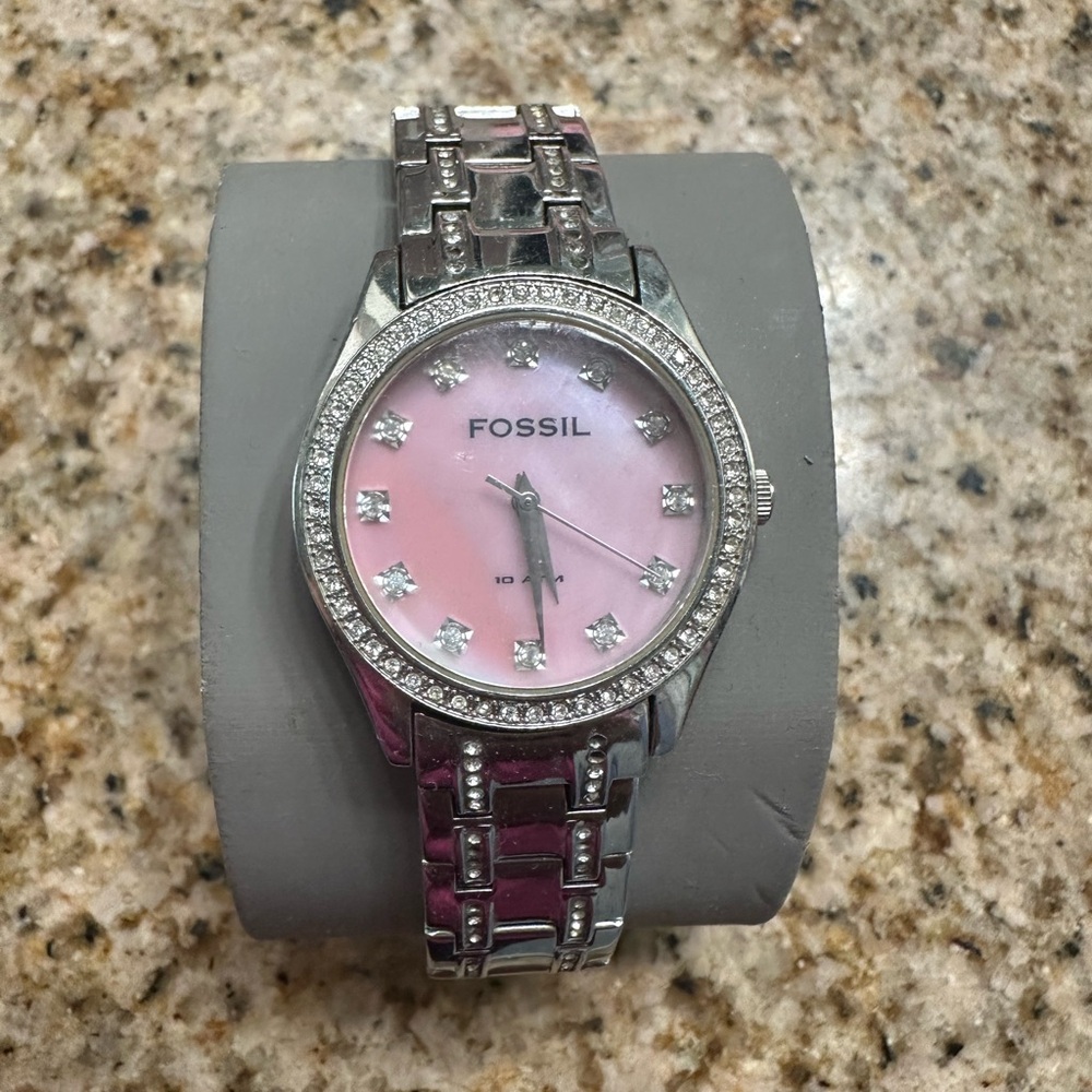 Fossil Silver and Pink Crystal Accent Watch